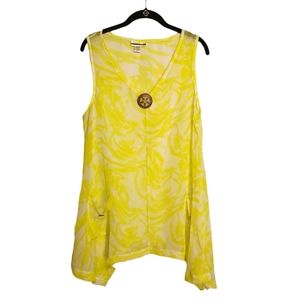 MIRROR IMAGE Yellow White Print Sleeveless Semi Sheer Swim Cover Up Tunic Top L